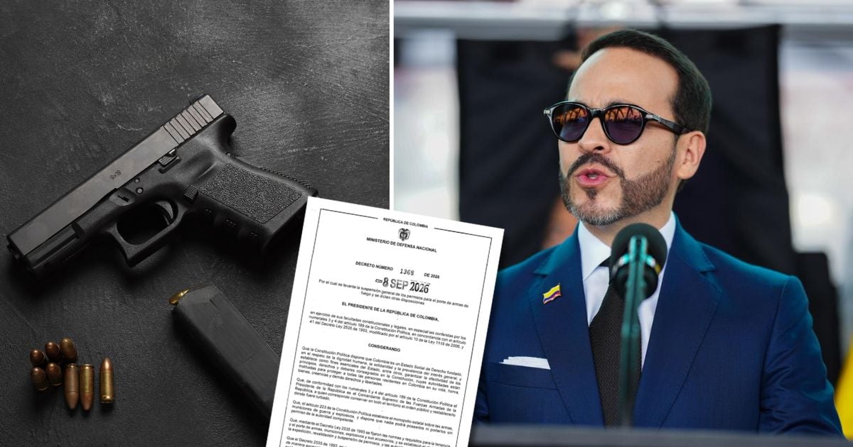 Left: a handgun with a magazine and bullets on a dark surface; right: a man in a blue suit and sunglasses speaking at a microphone. - ¿Cuál es la verdad detrás del decreto que reactiva el porte de armas en Colombia?