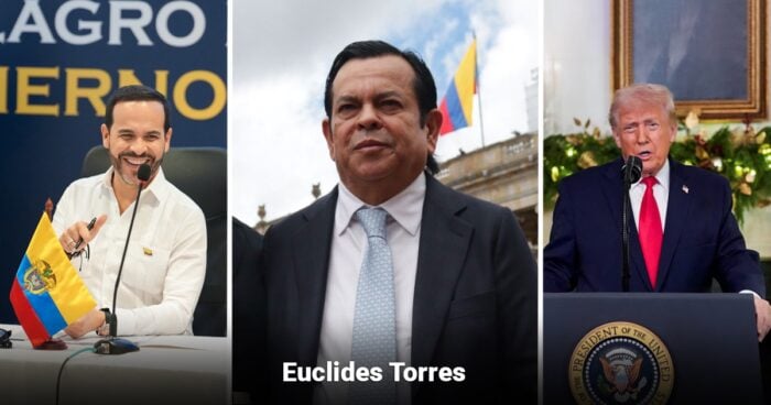 Las2orillas.co: Historias, voces y noticias de Colombia Triptych of political figures: left a man at a table with a Colombian flag, center Euclides Torres in a suit outdoors, right former President Donald Trump at a podium with the presidential seal behind him. - Las2orillas.co: Historias, voces y noticias de Colombia