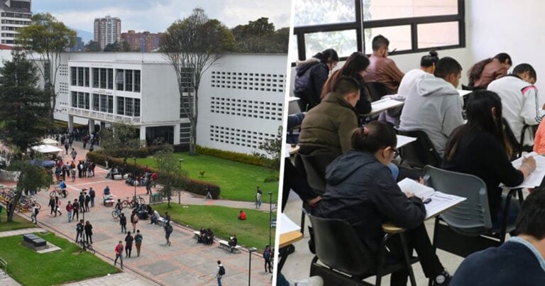 Las2orillas.co: Historias, voces y noticias de Colombia Split image showing a university campus courtyard with students walking and gathering outdoors next to a modern white building, and a classroom full of students taking notes inside a bright room. - Las2orillas.co: Historias, voces y noticias de Colombia