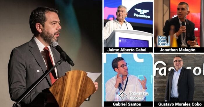 Collage of five male conference speakers; left shows a man at a podium, others labeled Jaime Alberto Cabal, Jonathan Malagón, Gabriel Santos, Gustavo Morales Cobo. - Las2orillas.co: Historias, voces y noticias de Colombia