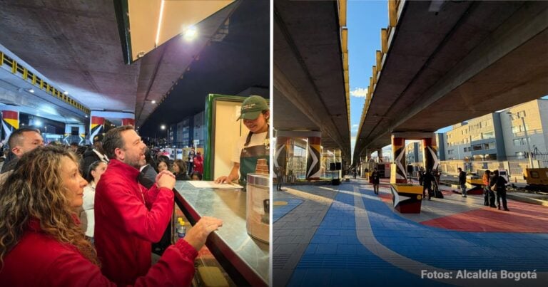 Las2orillas.co: Historias, voces y noticias de Colombia Left: people line up at a food counter under an overpass, a man in red smiles at the server in a green apron. Right: pedestrians in a colorful plaza beneath a large elevated roadway, blue and red tiled ground. - Las2orillas.co: Historias, voces y noticias de Colombia
