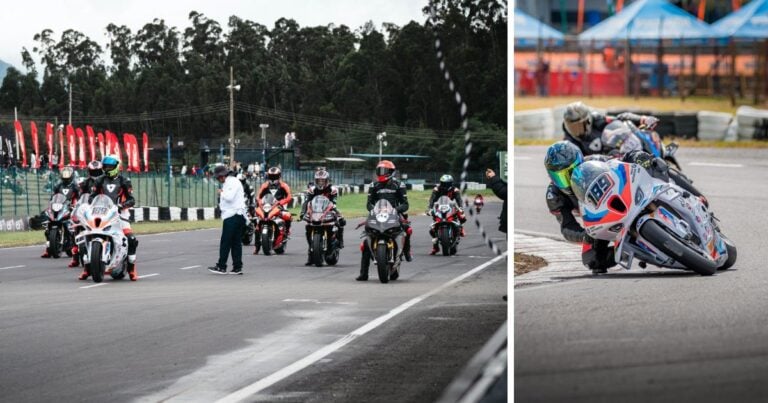 Las2orillas.co: Historias, voces y noticias de Colombia Group of motorcycle racers lined up at the start on a race track, with officials nearby; the scene is split with a rider leaning into a turn on the right side. - Las2orillas.co: Historias, voces y noticias de Colombia