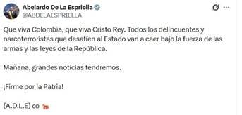 De dónde viene “Viva Cristo Rey” la frase con la que De la Espriella termina toda intervención política Screenshot of a tweet in Spanish from a verified account, urging Colombia and Cristo Rey, declaring criminals will fall to the force of arms and the laws of the Republic, ending with 'Firme por la Patria! (A.D.L.E.)' and emojis. - De dónde viene “Viva Cristo Rey” la frase con la que De la Espriella termina toda intervención política
