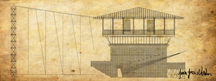 El ingeniero paisa que tendió el puente de Occidente, después de haber aprendido en el de Brooklyn, en NY Vintage architectural drawing of a suspension bridge with a tall pylon and a two-story pavilion atop a brick foundation. - El ingeniero paisa que tendió el puente de Occidente, después de haber aprendido en el de Brooklyn, en NY