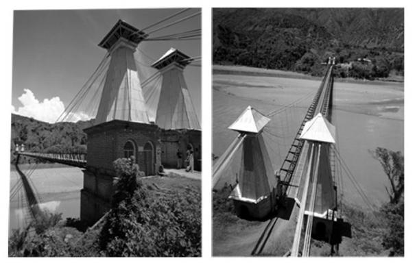 El ingeniero paisa que tendió el puente de Occidente, después de haber aprendido en el de Brooklyn, en NY Two black-and-white photos of a cable-stayed suspension bridge with tall concrete towers and supporting cables spanning a river; left panel shows foreground towers and a pedestal building, right panel offers an elevated view along the bridge. - El ingeniero paisa que tendió el puente de Occidente, después de haber aprendido en el de Brooklyn, en NY