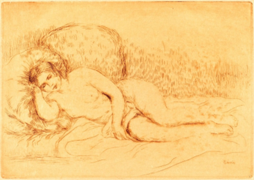 Red chalk sketch of a nude person lying on their side with a large cat curled behind them on a bed or couch. - El día que la esposa de Sarmiento Jr. trajo la unica obra de Renoir que se ha vendido en Colombia