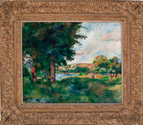 Impressionist landscape painting showing green fields, trees, and a blue sky, framed by an ornate gold frame. - El día que la esposa de Sarmiento Jr. trajo la unica obra de Renoir que se ha vendido en Colombia