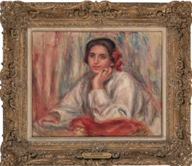 Framed portrait painting of a woman resting her chin on her hand, wearing a white blouse and red shawl, in an ornate gold frame. - El día que la esposa de Sarmiento Jr. trajo la unica obra de Renoir que se ha vendido en Colombia