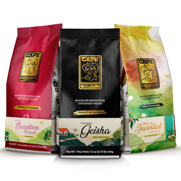 Las cinco empresas cafeteras que apostaron a la estrategia “De la finca a la taza” en 72 horas Three Cafe Concentrado coffee bags, left to right: pink Bourbon Rosado, black Geisha, and colorful Juventud blends, each labeled Product of Colombia. - Las cinco empresas cafeteras que apostaron a la estrategia “De la finca a la taza” en 72 horas