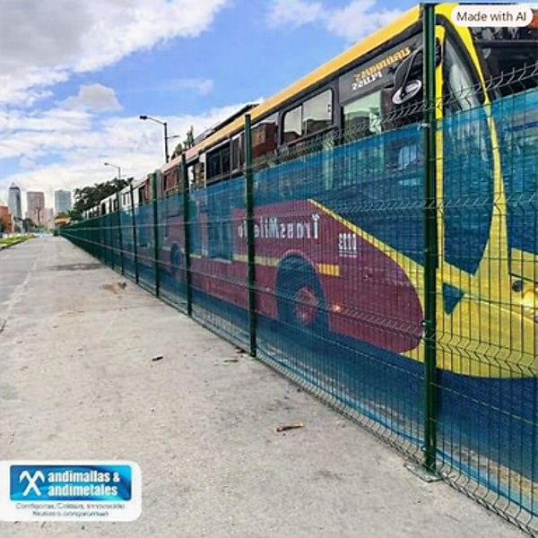 Gilinski retomó la ruta y ahora otras 6 empresas colombianas van por el nuevo mercado venezolano Colorful bus parked behind a green chain-link fence along a paved sidewalk with a city skyline in the distance. - Gilinski retomó la ruta y ahora otras 6 empresas colombianas van por el nuevo mercado venezolano