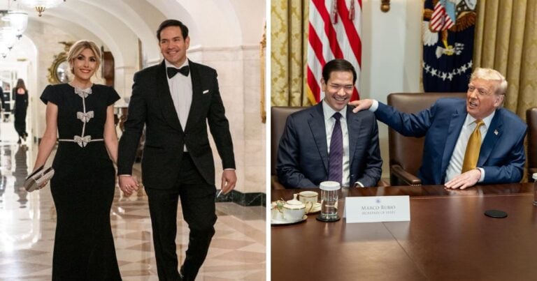 Left panel shows a well-dressed couple walking hand in hand down a marble hallway; she wears a black evening gown and he a black tuxedo. Right panel features two men in suits seated at a conference table, one touching the other's shoulder in a friendly gesture, with American flags in the background and a formal meeting setting. - Las2orillas.co: Historias, voces y noticias de Colombia