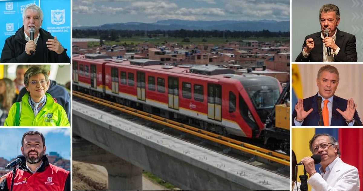 Red metro train on an elevated track centered in a collage, surrounded by portraits of officials speaking on the sides. - Que hicieron y que dejaron de hacer los 3 presidentes y 4 últimos Alcaldes de Bogotá por el Metro