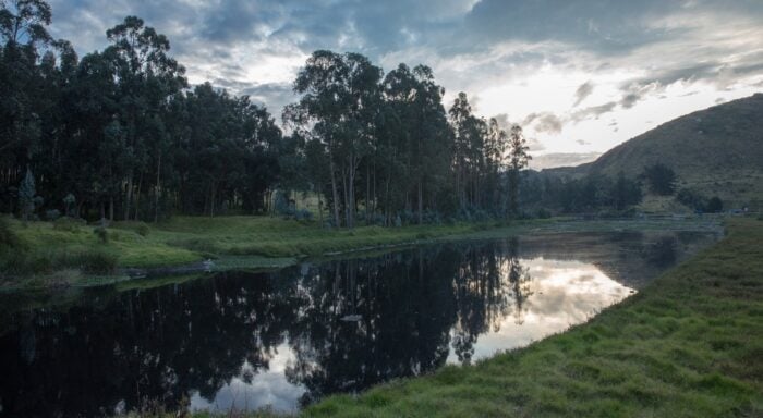 A tranquil river at dusk, reflecting the cloudy sky and dense tree line with grassy banks and distant hills. - La Empresa de Acueducto de Bogotá busca el permiso de Minambiente para reutilizar las aguas residuales en industria