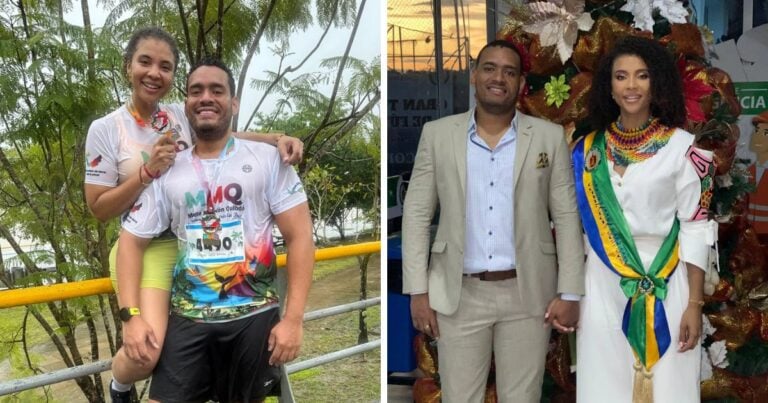 Las2orillas.co: Historias, voces y noticias de Colombia Left: a smiling man and woman in running shirts posing outdoors by a railing. Right: a man in a beige suit and a woman in a white dress with a multicolored sash posing at a decorated event. - Las2orillas.co: Historias, voces y noticias de Colombia
