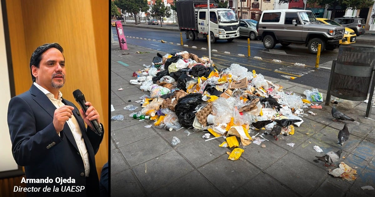 Split image: left shows a man in a suit speaking into a microphone; right shows a large pile of garbage on a city sidewalk with pigeons and parked cars in the background. - El fracasada estrategia de Galán para limpiar la ciudad de basuras que ha costado .000 millones y no ha servido