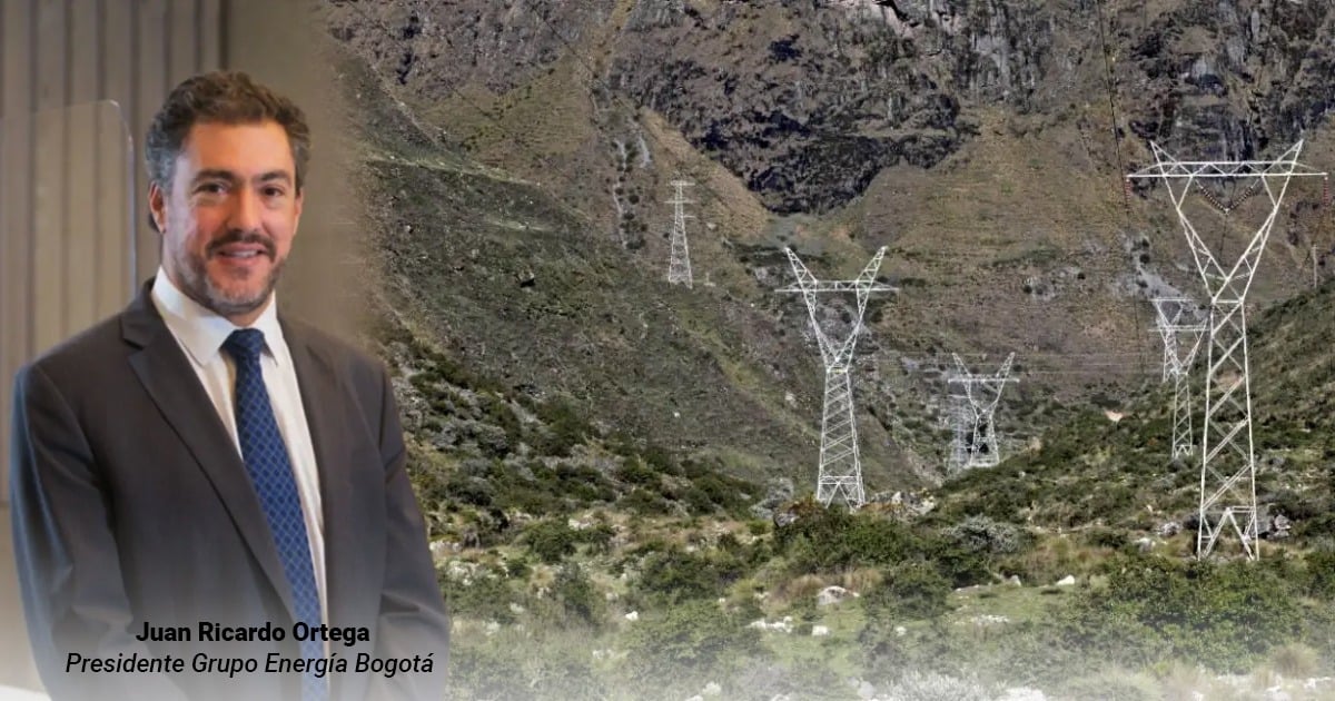 Portrait of Juan Ricardo Ortega, Presidente Grupo Energía Bogotá, in a suit with hills and electrical transmission towers in the background. - Después de 10 años se logrará al fin enviar energía a Bogota a través de un conector que une a Boyacá y Santander
