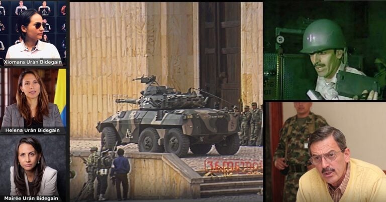 News collage: armored military vehicle on steps of a government building, with soldiers nearby; left column features four portraits of women, and a man’s portrait at top left; top-right shows a man in a helmet, and bottom-right a man with glasses indoors. - Las2orillas.co: Historias, voces y noticias de Colombia