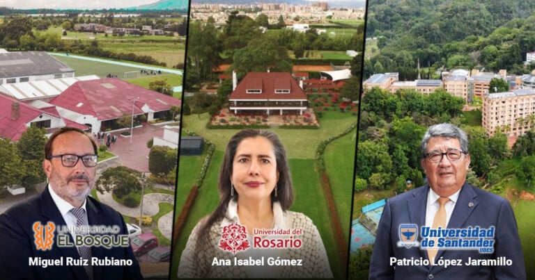 Miguel Ruiz Rubiano stands in front of Universidad El Bosque campus in the left panel, with greenery and buildings in the background, logo visible at bottom left. - Dos universidades bogotanas y una santandereana se metieron entre los mejores campus del mundo