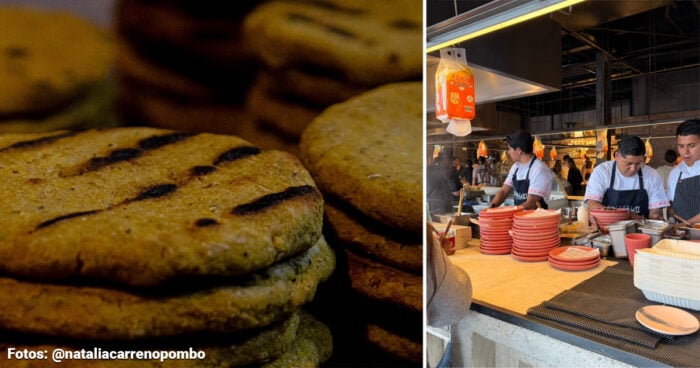 Demente, el grupo gastronómico que puso de moda la chicha y el aguardiente con sus restaurantes en Bogotá Left: close-up of stacked golden-brown cookies with dark chocolate chips in a bakery setting; Right: busy restaurant counter with chefs in white shirts and aprons, preparing food and red plates stacked nearby.