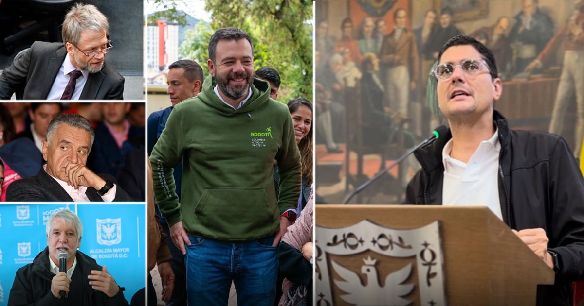Group collage from a public event showing four men: a speaker in a suit, a thoughtful man, a smiling man in a Bogotá hoodie, and a man at a podium against a mural backdrop - Los cuatro concejales de Bogotá que le salvaron a Galán el impuesto al alumbrado que 6 alcaldes no lograron