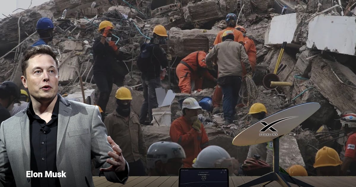 Elon Musk in a suit stands in front of rescue workers amid rubble with a Starlink satellite dish nearby. - El internet gratis de Elon Musk tras el terremoto en Colombia disparó 40% el uso de Starlink en departamentos golpeados