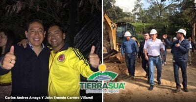 Las2orillas.co: Historias, voces y noticias de Colombia Collage: left shows two men smiling and giving thumbs up; right shows officials in hard hats at a construction site with an excavator and TierraSUA branding. - Las2orillas.co: Historias, voces y noticias de Colombia
