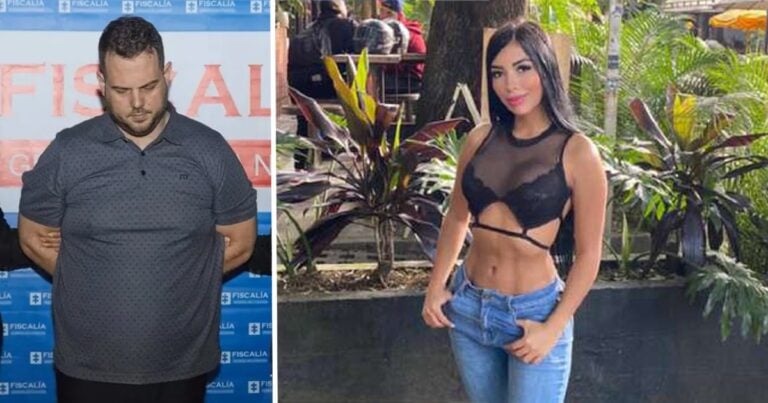 Collage of two people: a man in a gray polo in front of a fiscalía backdrop on the left, and a woman in a black lace top and jeans posing outdoors on the right. - Las2orillas.co: Historias, voces y noticias de Colombia