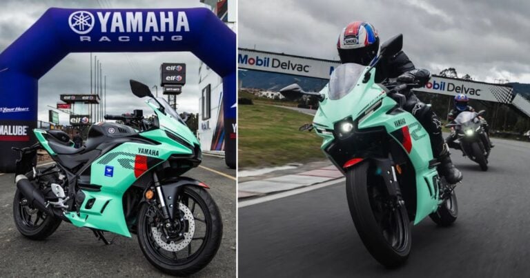 Mint-green Yamaha racing motorcycle parked under a Yamaha Racing arch at a track event. - Yamaha sacó del trancón a 250 motociclistas y los puso a correr en el Autódromo de Tocancipá