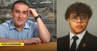 Split photo of two men: left is a smiling man in a blue shirt, right is a young man in a suit with glasses, with a yellow 'NOTA CIUDADANA' banner in the corner. - Las2orillas.co: Historias, voces y noticias de Colombia