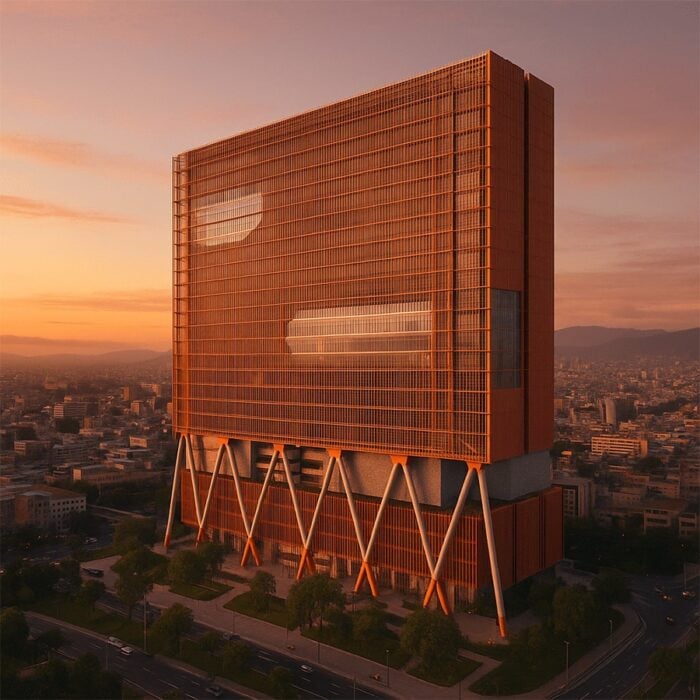 El megaedificio de 23 pisos y medio billón de pesos que la Alcaldía de Bogotá levanta cerca de Corferias Tall orange office building elevated on white diagonal stilts at sunset over a city street. - El megaedificio de 23 pisos y medio billón de pesos que la Alcaldía de Bogotá levanta cerca de Corferias