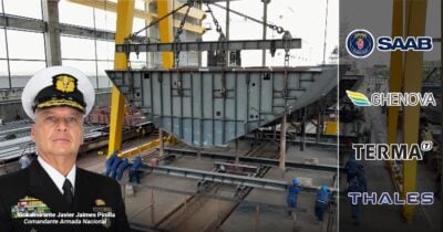 Las2orillas.co: Historias, voces y noticias de Colombia Portrait of Vicealmirante Javier James Pinilla in naval uniform at a shipyard beside a crane-lifted hull, with defense logos on the right. - Las2orillas.co: Historias, voces y noticias de Colombia