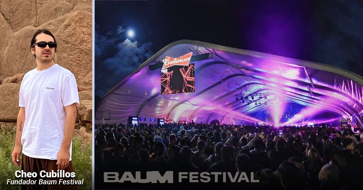 Side-by-side: Cheo Cubillos, founder of Baum Festival, in a white T‑shirt on the left; a crowded night concert under a purple-lit stage on the right. - En una casa clandestina en La Macarena nació Baum, el festival de electrónica que mueve más de .000 millones