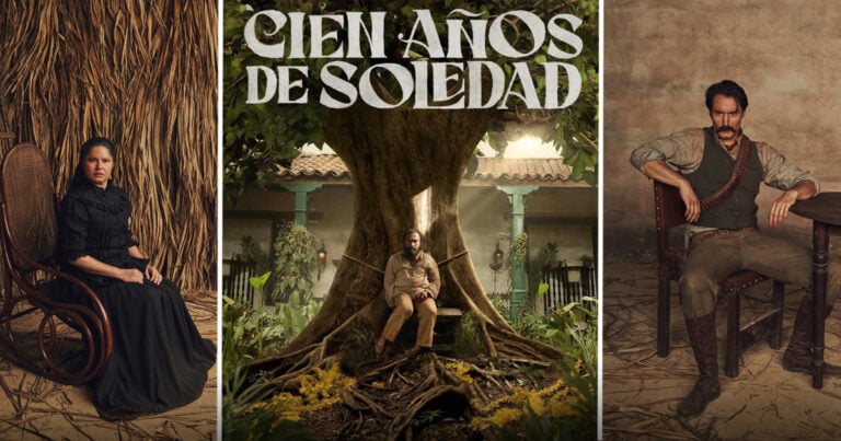 Las2orillas.co: Historias, voces y noticias de Colombia Triptych poster: left woman in black dress on straw backdrop; center man under a giant tree with the title 'Cien Años de Soledad'; right man in western gear. - Las2orillas.co: Historias, voces y noticias de Colombia