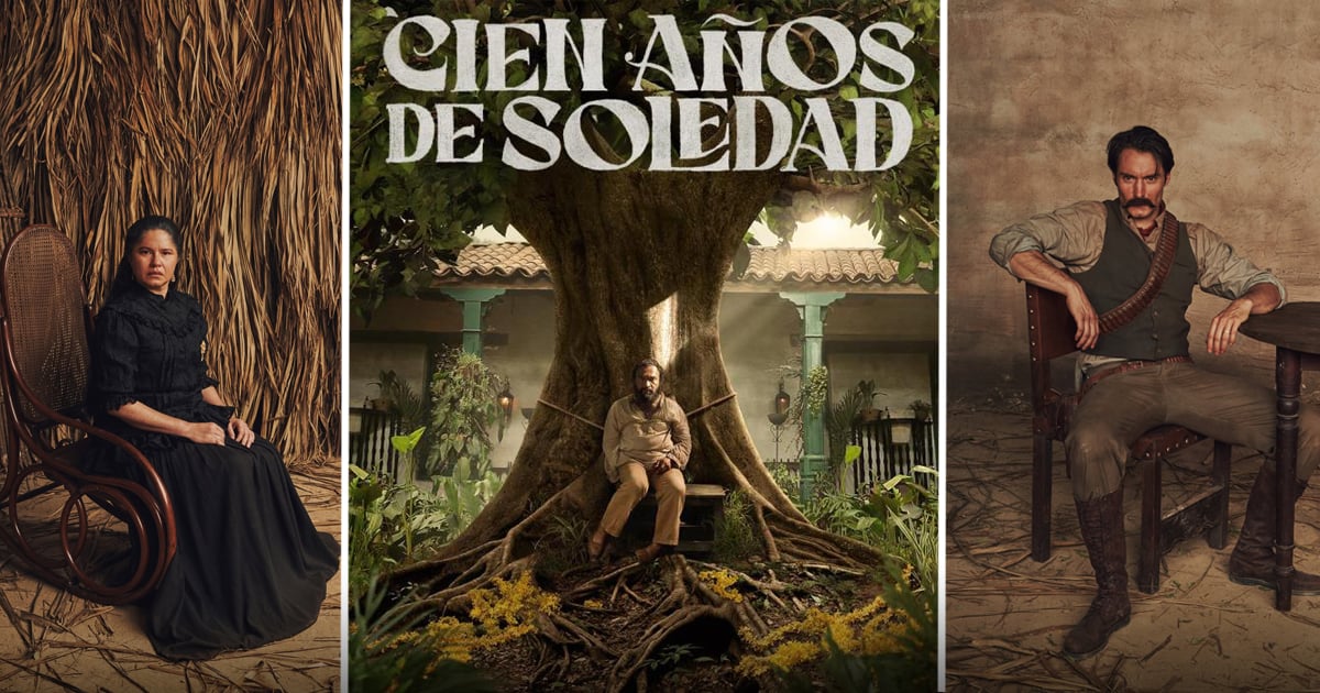Triptych poster: left woman in black dress on straw backdrop; center man under a giant tree with the title 'Cien Años de Soledad'; right man in western gear. - Así fue como Netflix convirtió a Macondo en un negocio que le dejó más de medio billón de pesos a Colombia