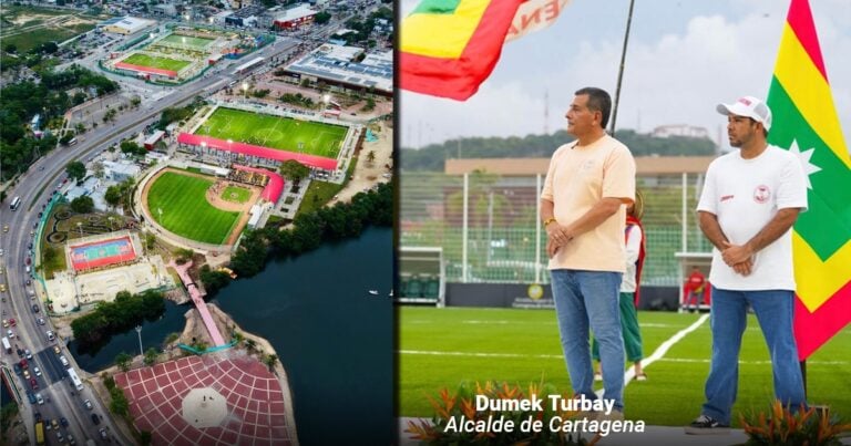 Las2orillas.co: Historias, voces y noticias de Colombia Aerial view of a waterfront sports complex with multiple fields, a running track, and a river nearby, bordered by roads and buildings on a sunny day. - Las2orillas.co: Historias, voces y noticias de Colombia