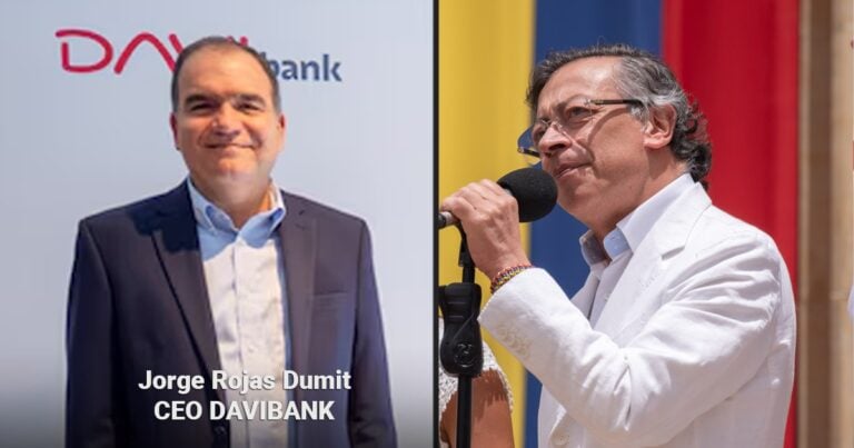 Las2orillas.co: Historias, voces y noticias de Colombia Split image: left shows Jorge Rojas Dumit, CEO of DAVIBANK, in a dark suit; right shows a man in a white blazer speaking into a microphone at an event with colorful background - Las2orillas.co: Historias, voces y noticias de Colombia