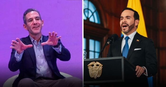 Split-screen: left shows a man in a dark blazer gesturing as he speaks on a purple stage; right shows a man in a suit at a podium with a flag behind him. - Las2orillas.co: Historias, voces y noticias de Colombia