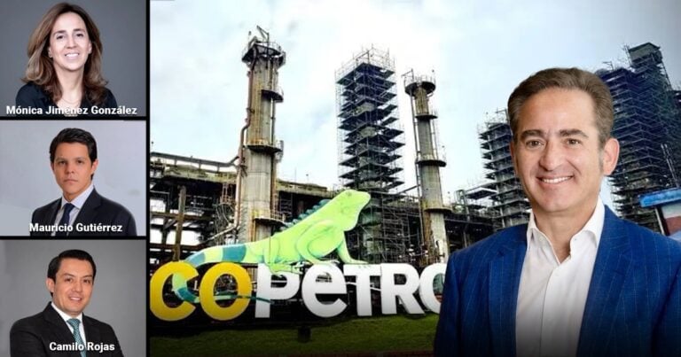 Corporate collage: left column shows three headshots labeled Mónica Jiménez González, Mauricio Gutiérrez, and Camilo Rojas; center/right features a large industrial refinery with the COPETRO sign; a man in a blue suit smiles at the foreground on the right. - Las2orillas.co: Historias, voces y noticias de Colombia