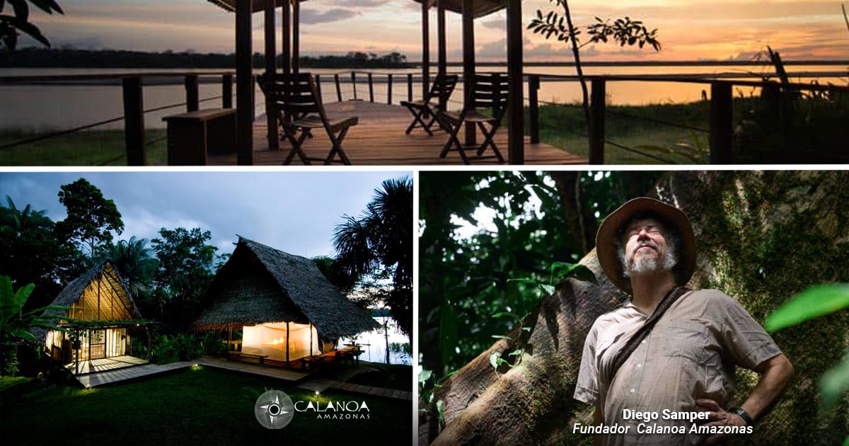 Sunset deck by the water with empty wooden chairs and railing. - El hotel de lujo que el pintor Diego Samper levantó en la selva del Amazonas desde hace 40 años