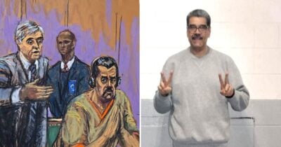 Las2orillas.co: Historias, voces y noticias de Colombia Composite image: left panel shows a courtroom sketch with a prisoner in orange and two lawyers; right panel shows a man in a gray sweatshirt making peace signs. - Las2orillas.co: Historias, voces y noticias de Colombia