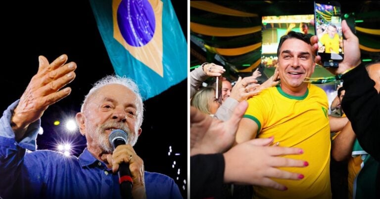 Las2orillas.co: Historias, voces y noticias de Colombia Split image: left a man in blue shirt speaking into a mic with a Brazilian flag in the background; right a man in a yellow Brazil jersey among cheering fans, taking a selfie. - Las2orillas.co: Historias, voces y noticias de Colombia