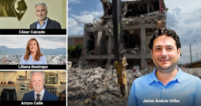 Collage showing three portrait hosts on the left with bold caption bars, and a smiling man in a blue shirt at a disaster site with rubble in the background on the right. - Las2orillas.co: Historias, voces y noticias de Colombia