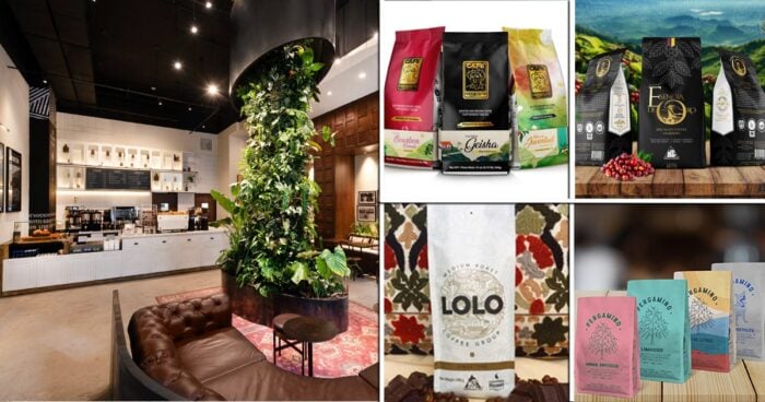 Las2orillas.co: Historias, voces y noticias de Colombia Collage of a stylish cafe interior with seating and a plant centerpiece, plus four product photos of coffee and tea packaging on the right side. - Las2orillas.co: Historias, voces y noticias de Colombia