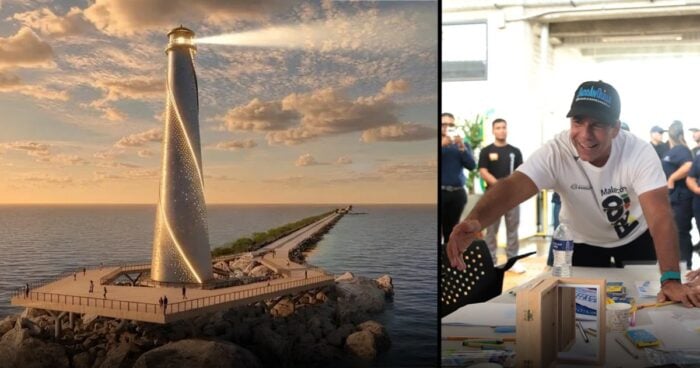 Split image: left shows a lighthouse on a rocky jetty stretching into a calm sea at sunset; right shows a smiling man in a white shirt and cap at an indoor event table with supplies on it. - Las2orillas.co: Historias, voces y noticias de Colombia