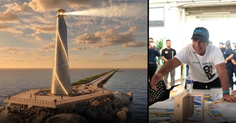 Split image: left shows a lighthouse on a rocky jetty stretching into a calm sea at sunset; right shows a smiling man in a white shirt and cap at an indoor event table with supplies on it. - Las2orillas.co: Historias, voces y noticias de Colombia