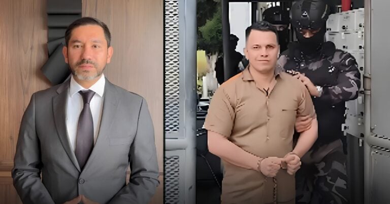 Side-by-side: man in a gray suit posing, and a detainee in a tan uniform being escorted by a masked guard. - Las2orillas.co: Historias, voces y noticias de Colombia