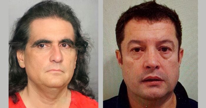 Two mugshots side by side: left, a man with long dark hair and a red shirt; right, a man with short dark hair in a dark jacket. - La fuerte fiscal de Miami con sangre colombiana que está detrás de los casos de Álex Saab y su socio Álvaro Pulido