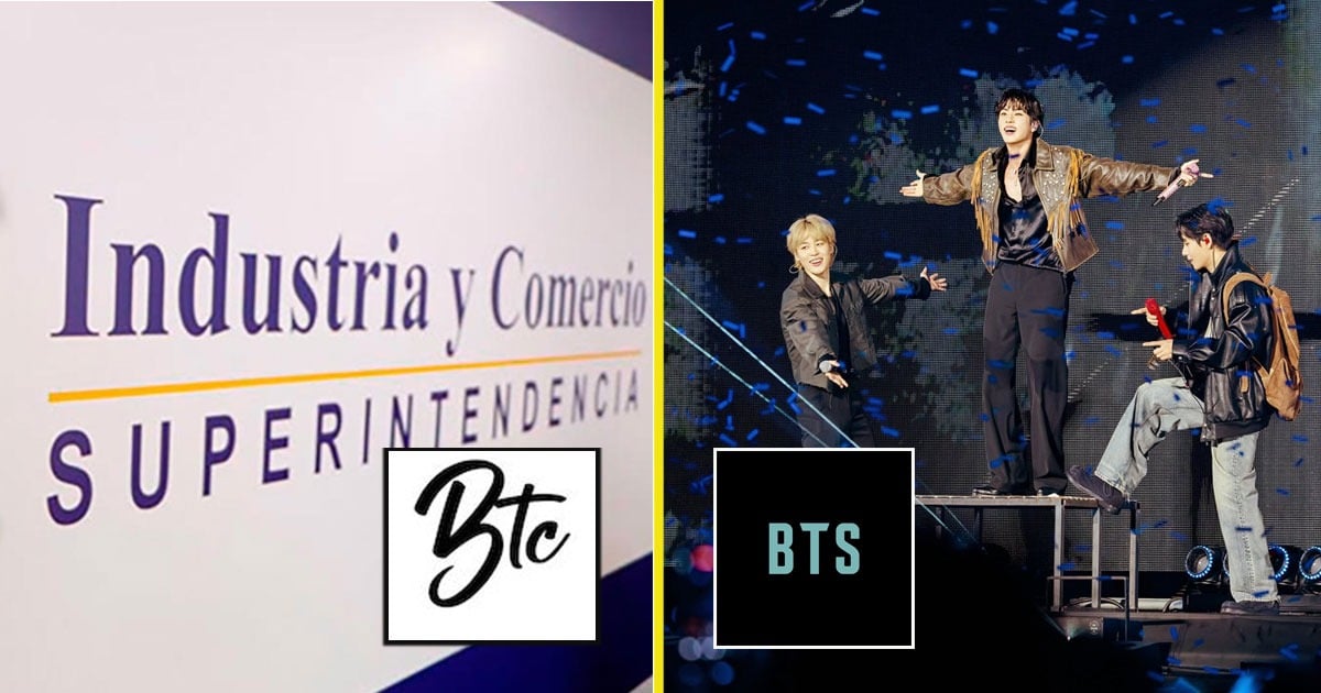 Split image: left side shows a sign reading 'Industria y Comercio' with a BTC logo; right side shows BTS performing live on a stage with confetti and three members. - Por qué y cómo una pequeña empresa de bolsos de cuero se le atravesó en Colombia al grupo coreano BTS