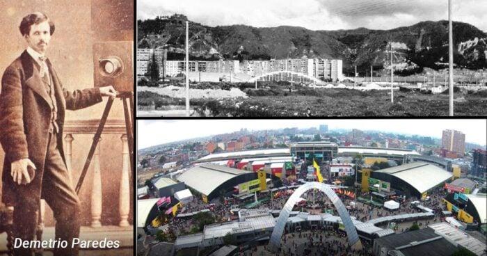 Collage: left panel shows a portrait of Demetrio Paredes beside a camera tripod; top-right is a black-and-white hillside construction site; bottom-right is an aerial view of a large outdoor festival with a circular arch and crowds. - Las2orillas.co: Historias, voces y noticias de Colombia