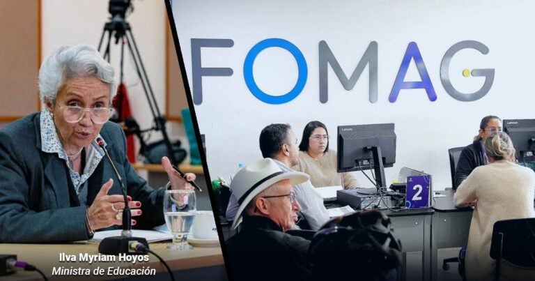 Left: Ilva Myriam Hoyos, Minister of Education, speaking into a microphone; right: people seated at desks in a FOMAG office with computers. - Las2orillas.co: Historias, voces y noticias de Colombia